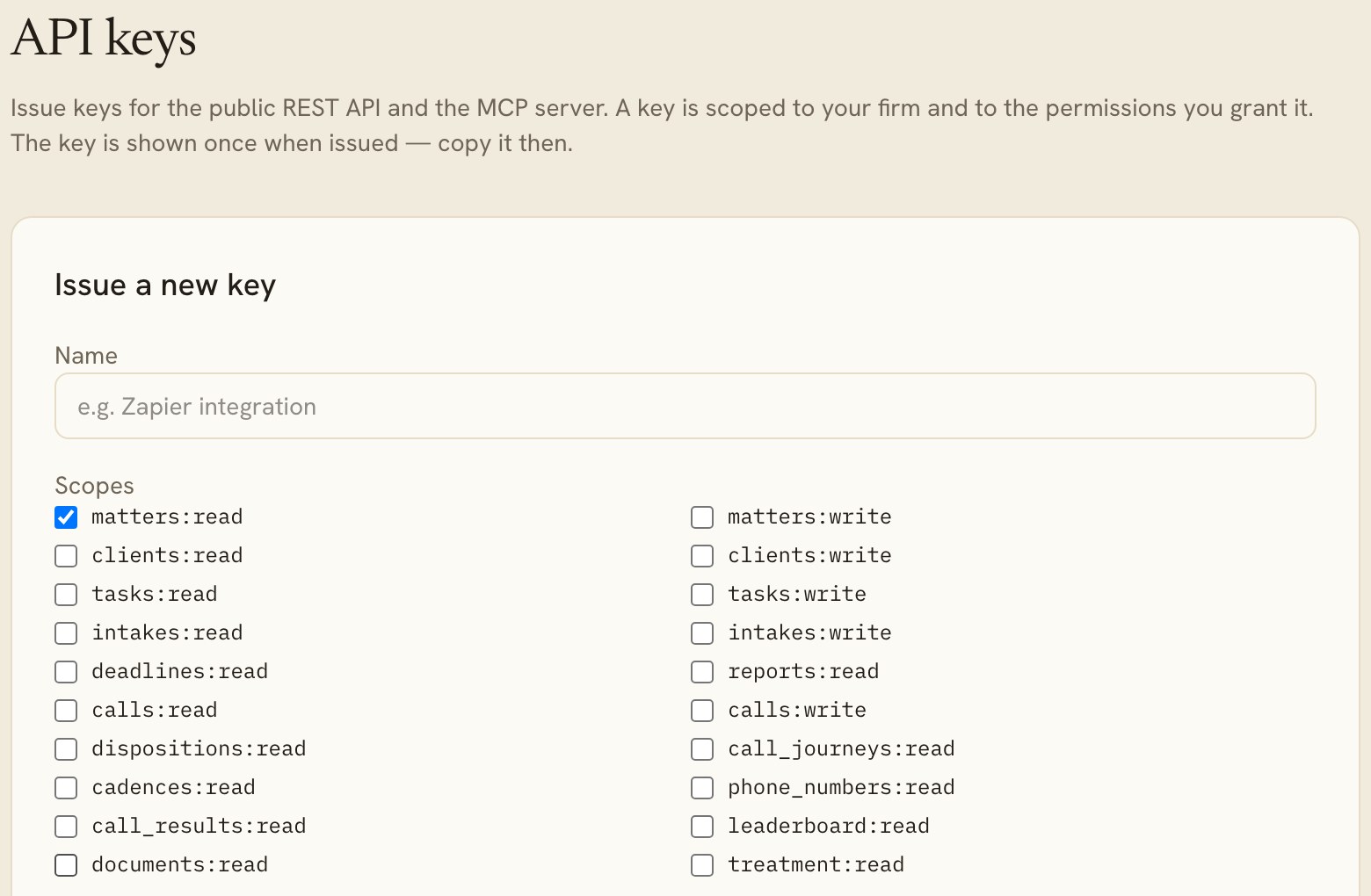 Issuing an API key in LitAxis with per-resource scopes and optional field-level scopes.