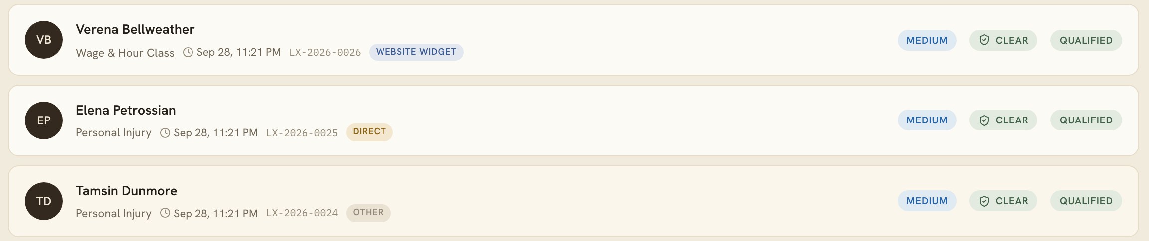The LitAxis intake queue: leads with their case type, source, severity, conflict status and review stage.