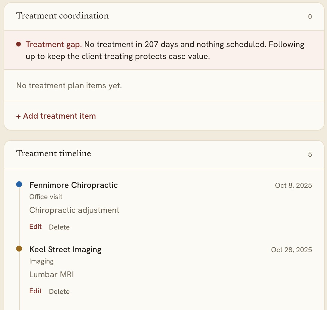 Treatment coordination on a matter, flagging a gap in care, above a treatment timeline of provider visits.
