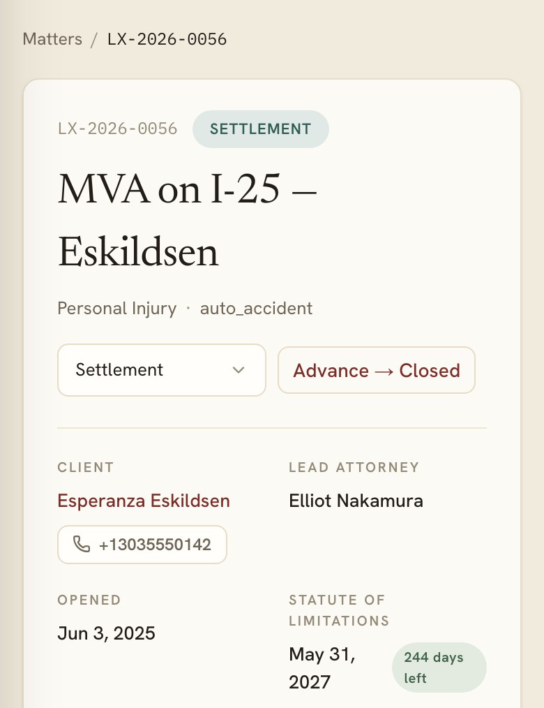 A LitAxis matter record: the client, lead attorney and statute-of-limitations countdown.