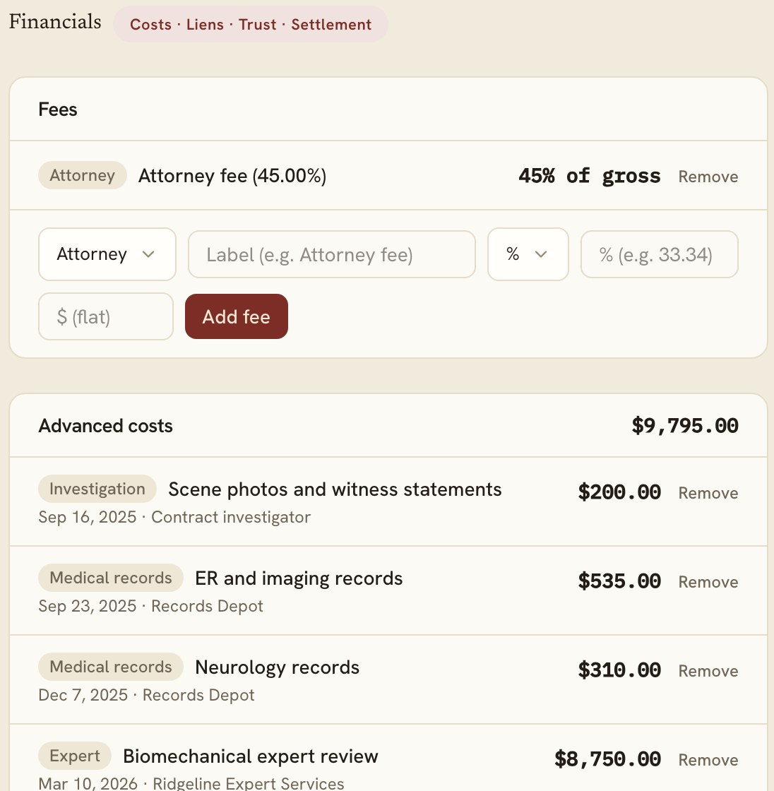 A matter's financials: the attorney fee and itemized advanced costs, with running totals.